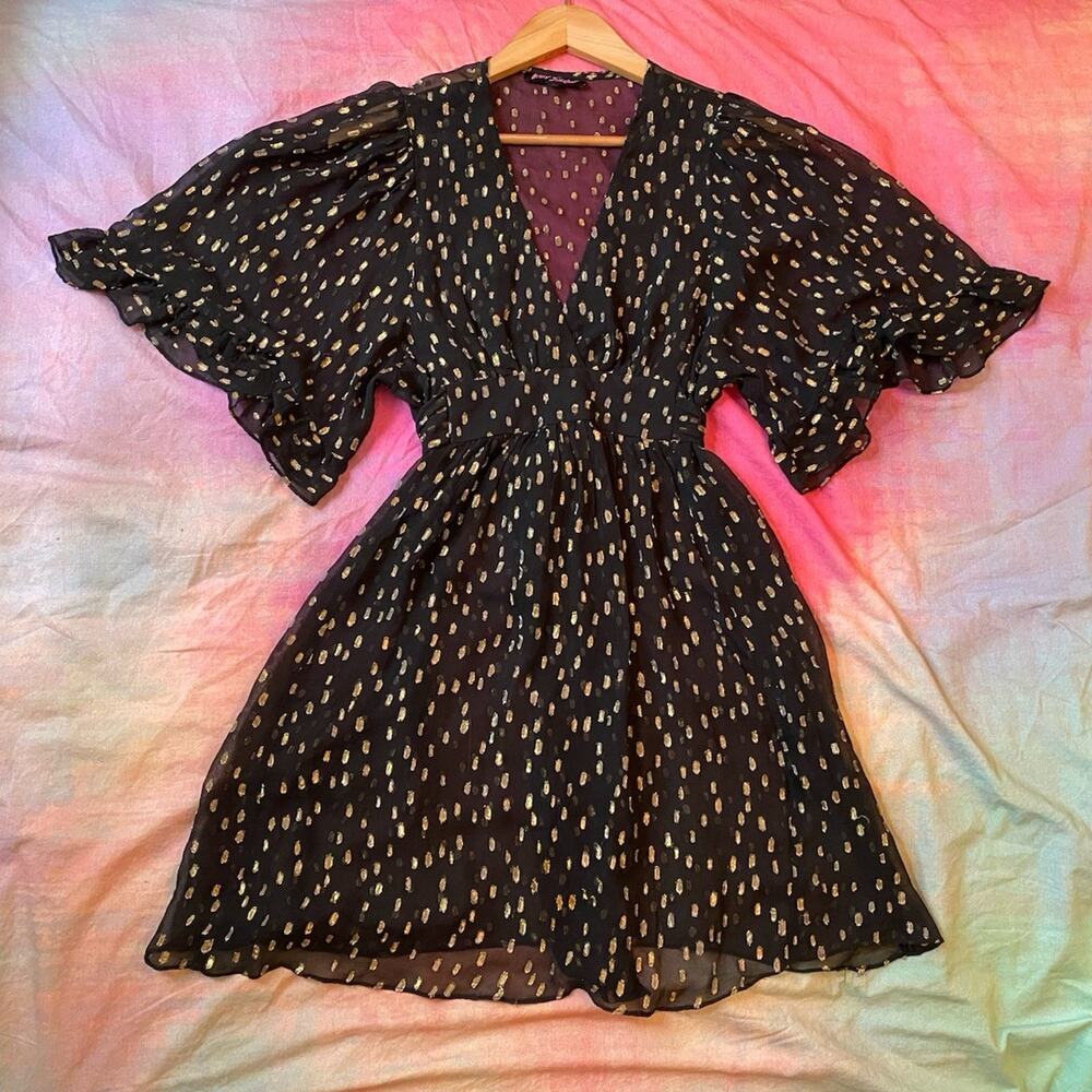 Betsey Johnson Vintage Y2K Silk Dress Kimono Angel Sleeves USA Sz 4 Silk Lurex